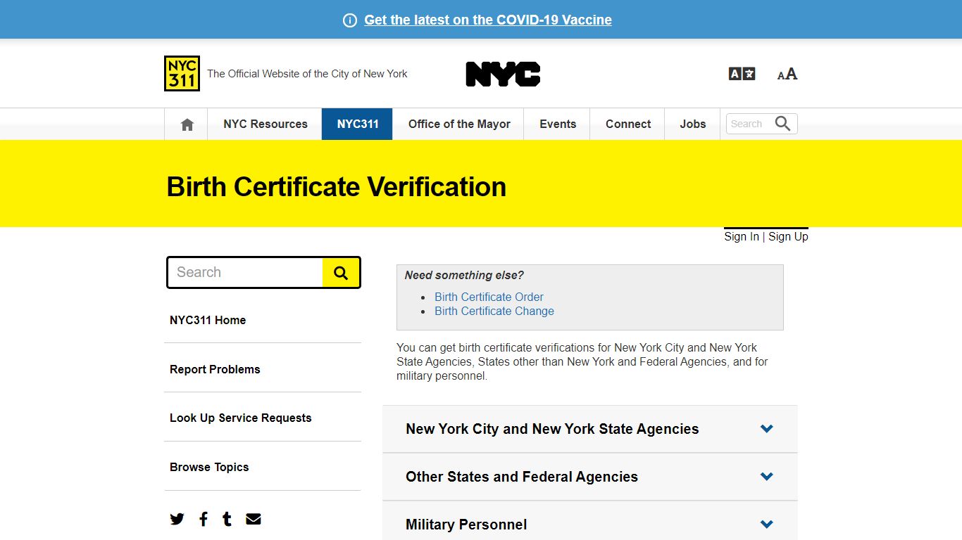 Birth Certificate Verification · NYC311 - New York City